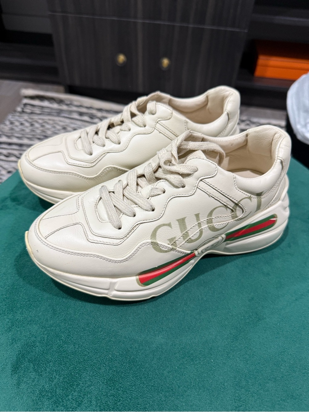 Gucci Off-White Leather Sneakers with Red & Green Web Accents